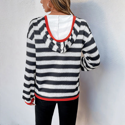 Women's Striped Contrast V-Neck Hoodie