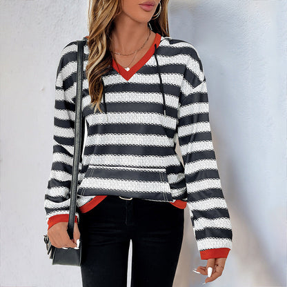 Women's Striped Contrast V-Neck Hoodie