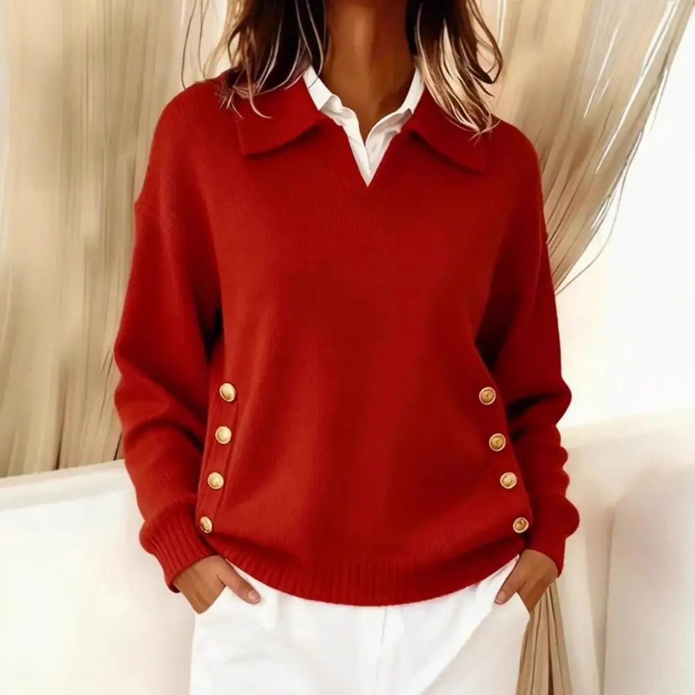 Women's Gold Button V-Neck Sweater