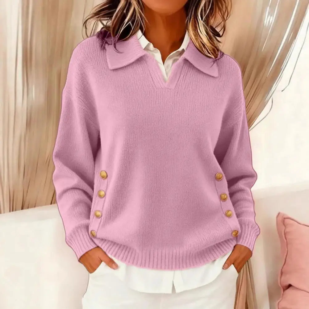 Women's Gold Button V-Neck Sweater