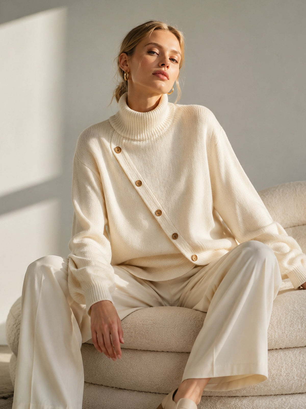 Women's Oversized Button Turtleneck Sweater