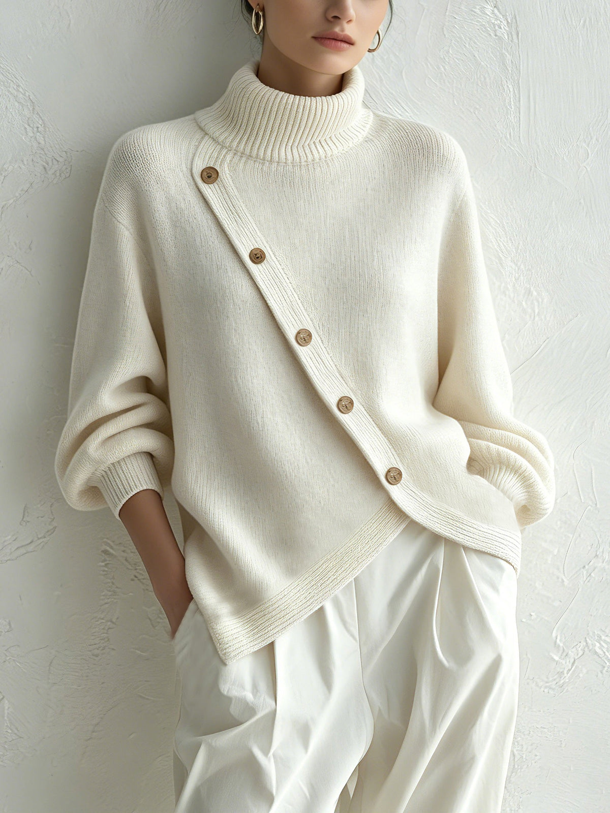 Women's Oversized Button Turtleneck Sweater