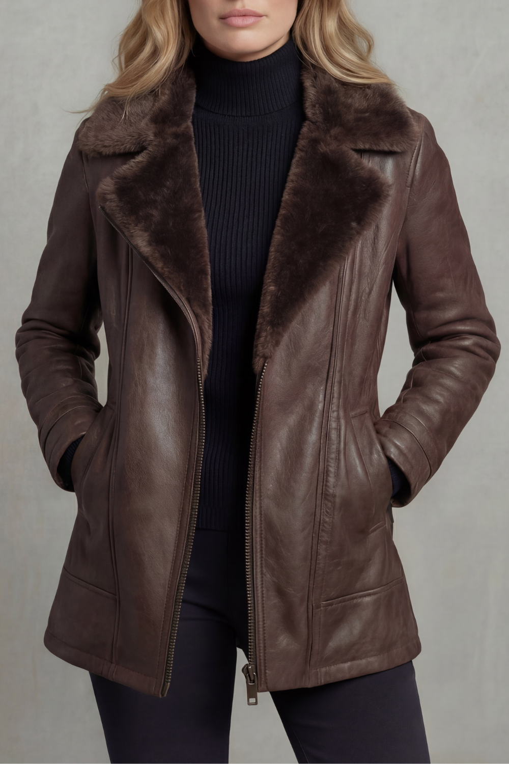 Women's Shearling Collar Leather Jacket
