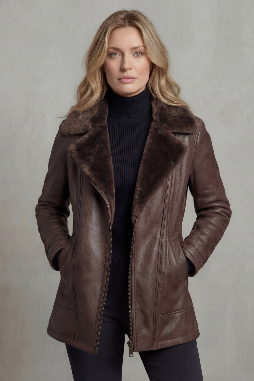 Women's Shearling Collar Leather Jacket