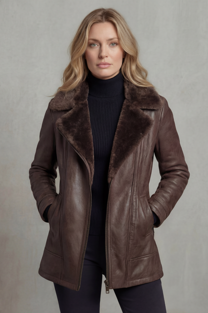 Women's Shearling Collar Leather Jacket